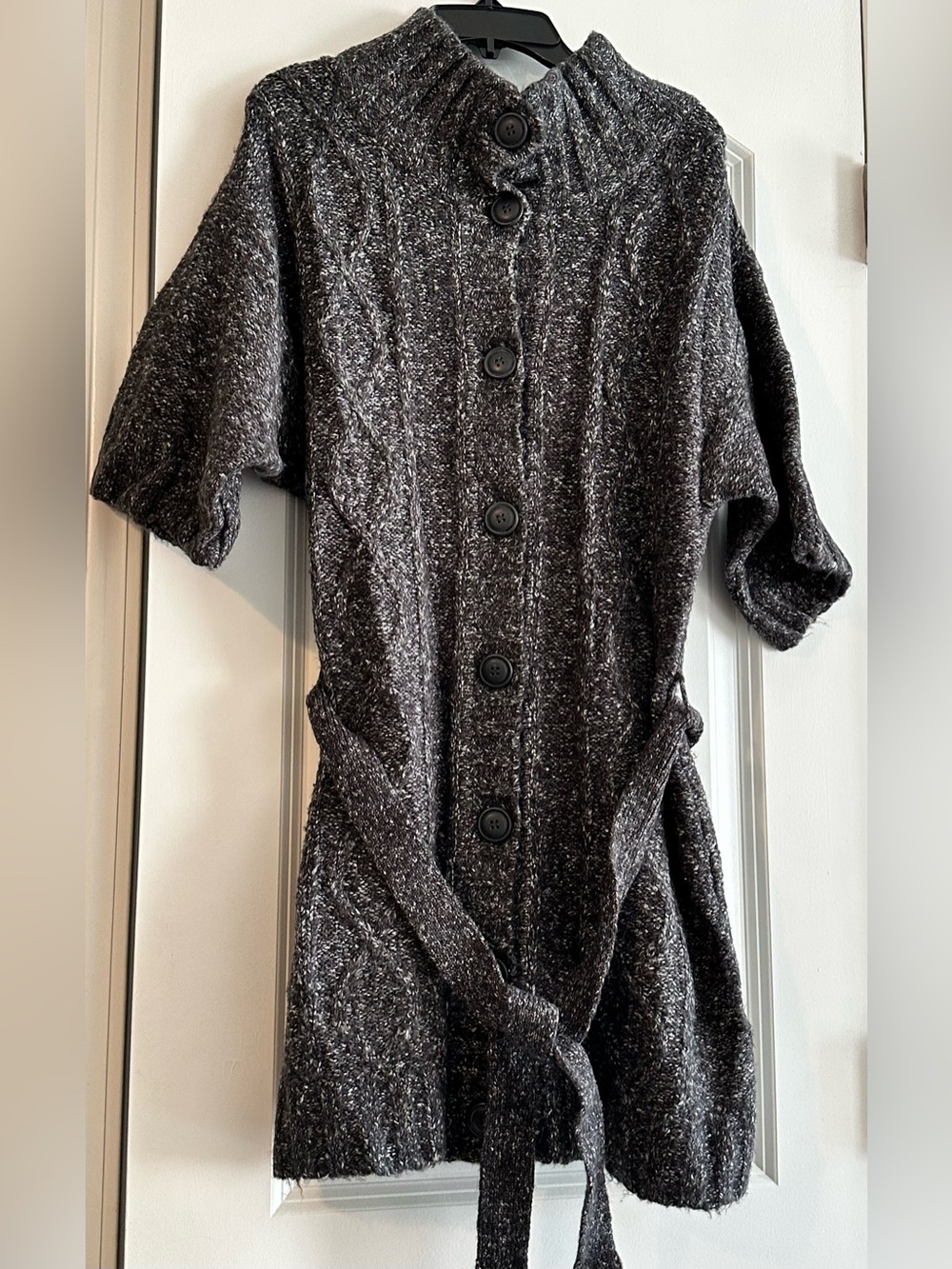 New York & Company Charcoal Speckled Button-Front Knit Coatigan